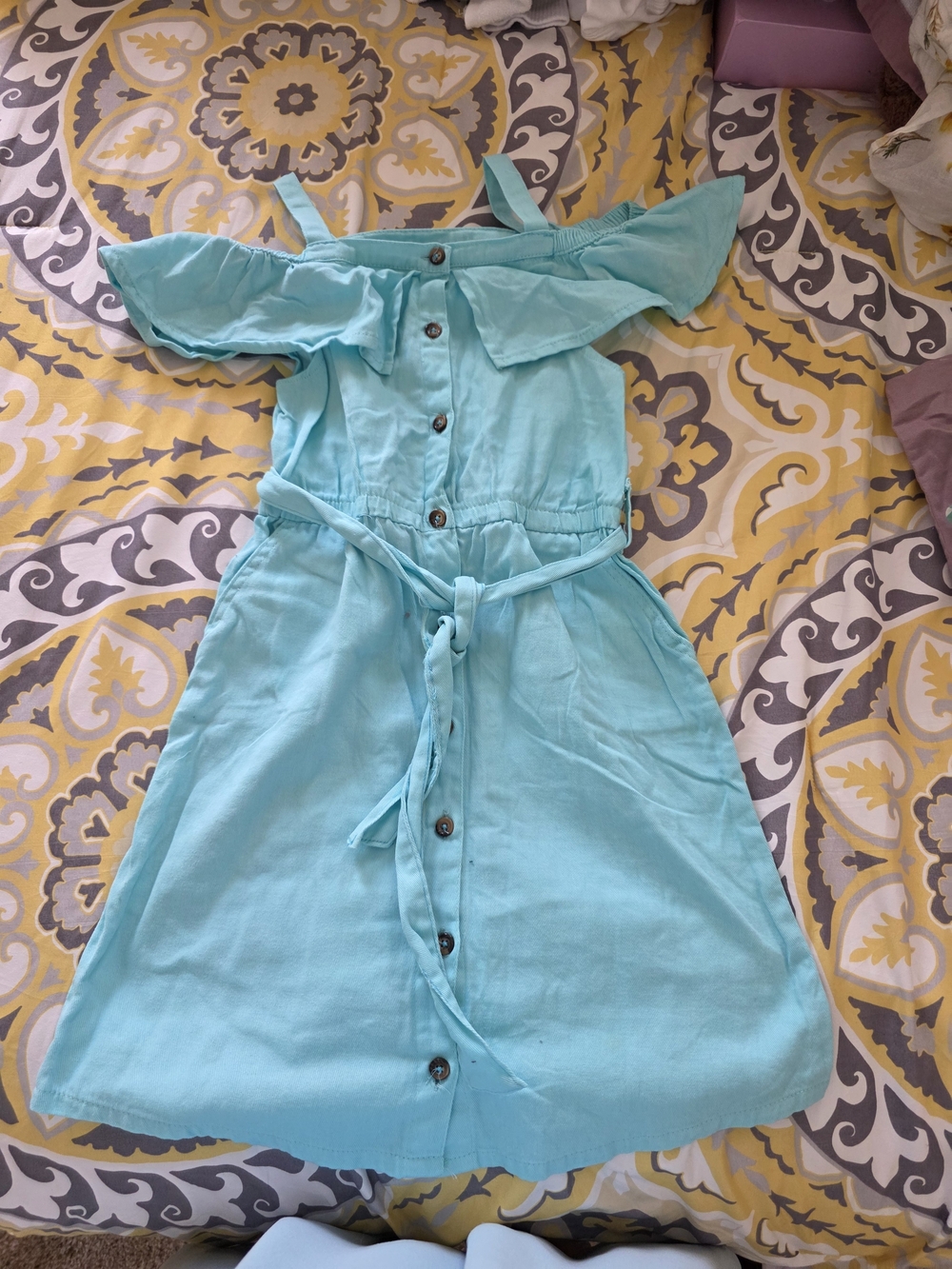 Aqua Off-Shoulder Button-Front  Girls Sundress